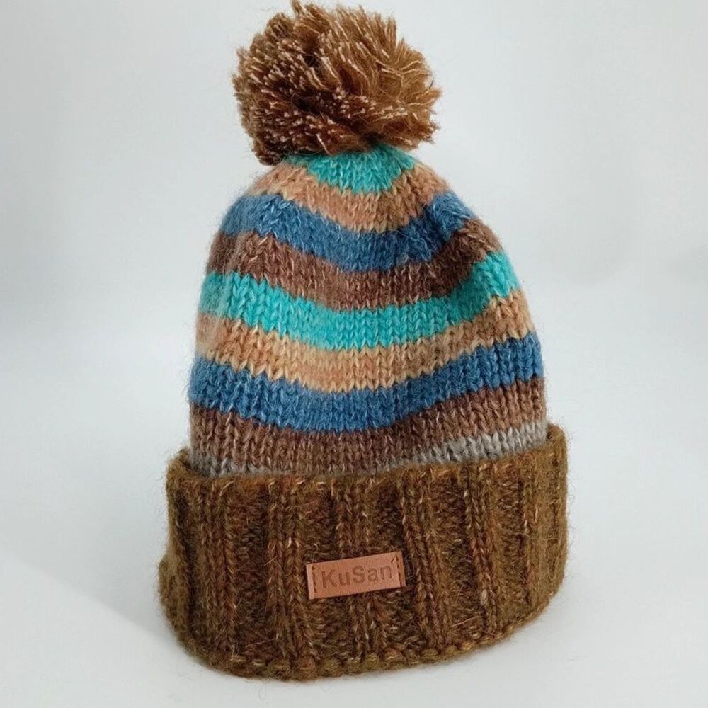 KuSan Striped Wool Beanie with Pom Accent Fleece Lined OS Cabincore Gorpcore